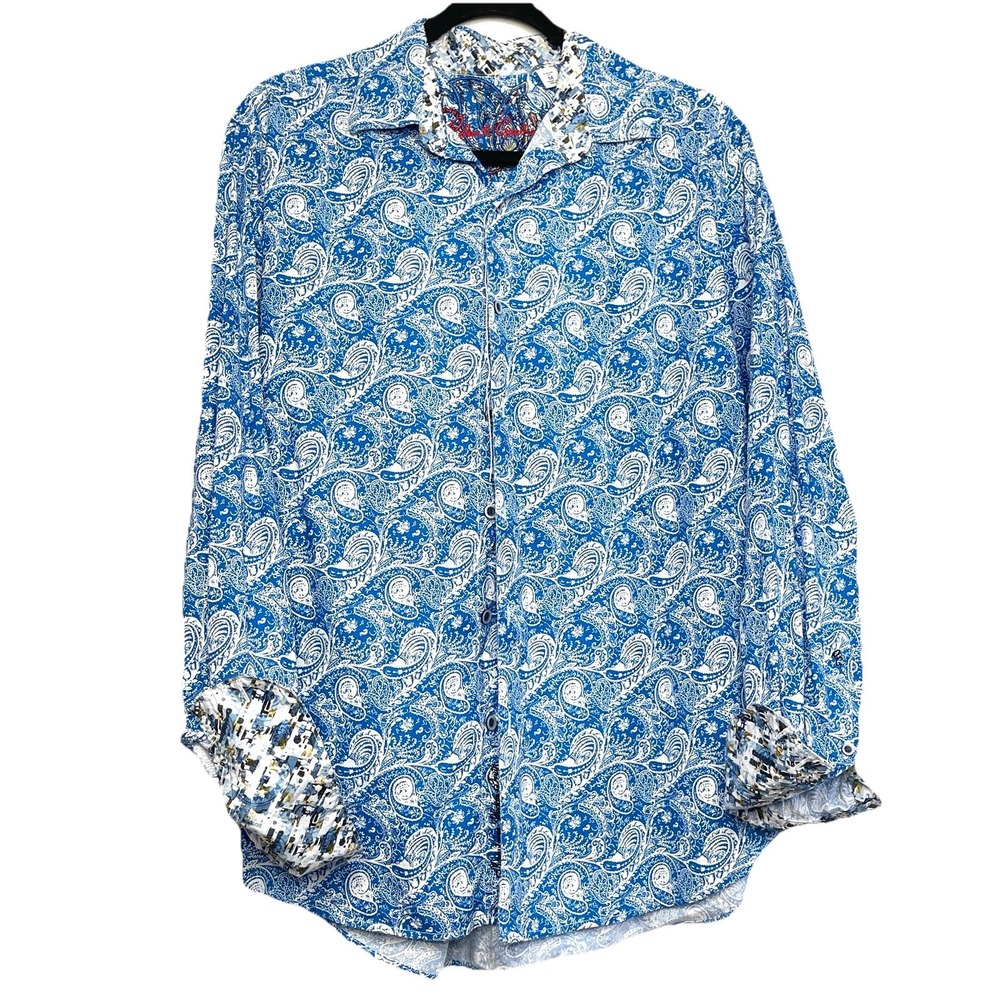 Robert Graham Blue Paisley Button Front‎ Shirt  Contrast Cuff Luxury